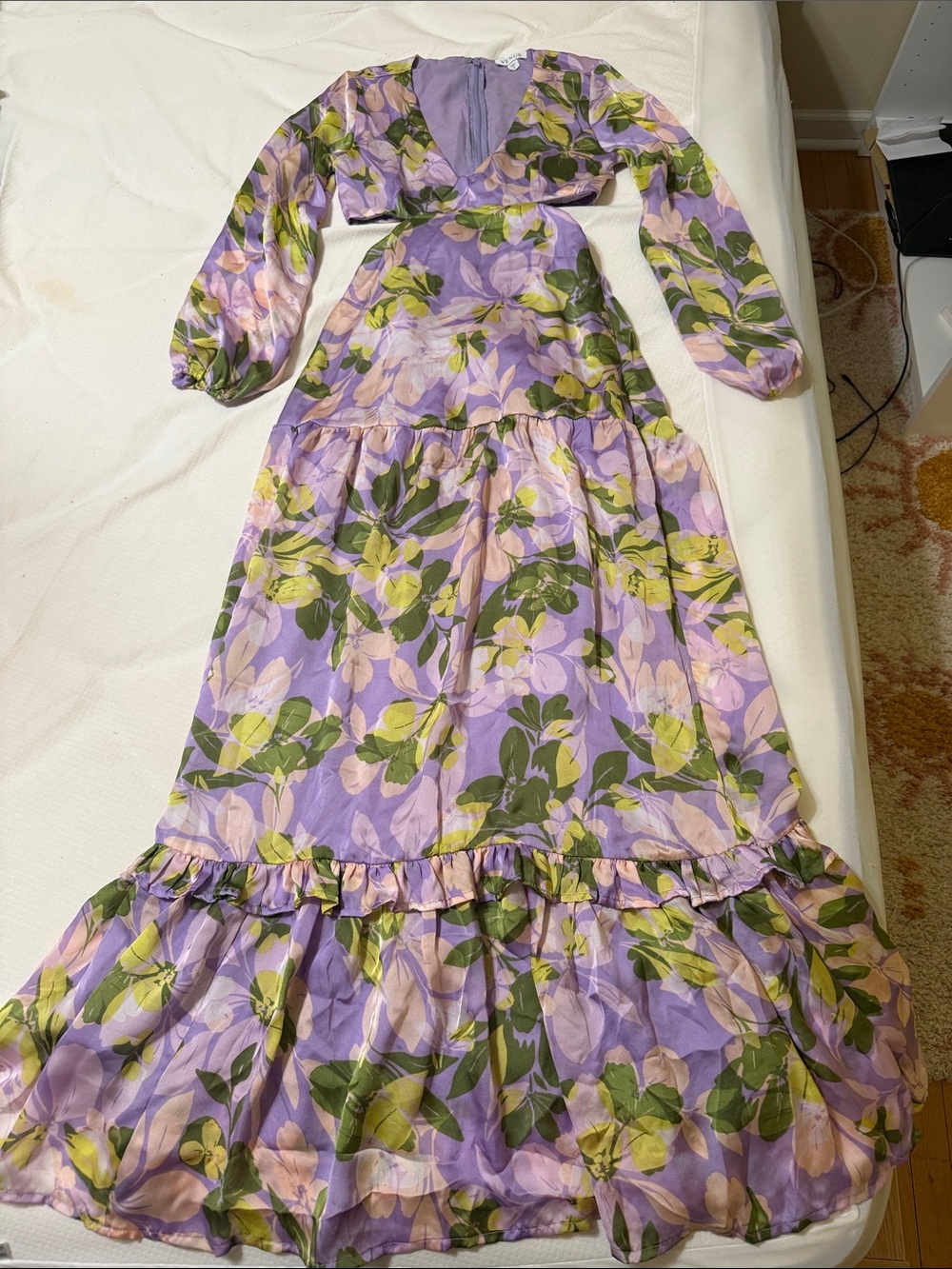 SALE Lilac Floral Maxi Dress with puff Sleeves and waist cutouts